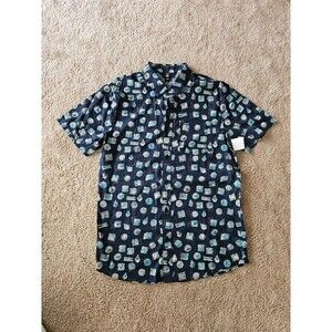 Volcom Warbler Short Sleeve Button Up Cotton Shirt Black Print Medium